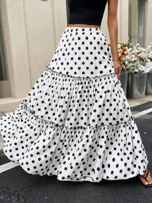 SHEIN Frenchy Falda de verano con volantes y estampado de lunares para mujer, ropa de verano informal, faldas de mujer, ropa de verano para mujer, falda de trabajo o cumpleaños - Blanco y Negro - Ver 3