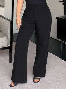 Dazy Plus Plus Size Solid Color Loose Straight Leg Casual Black Pants, All Season Long Style Business Casual Woman Pants,Women Dress Pants