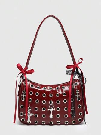 Kawaii Women's Retro Y2K Pentagram, Cross, Metal Decor Bow Cherries Accessories Underarm Shoulder Bag