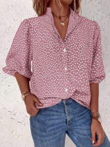 Linhara Plus Size Boho Front Button Allover Print Casual Blouse, For Summer