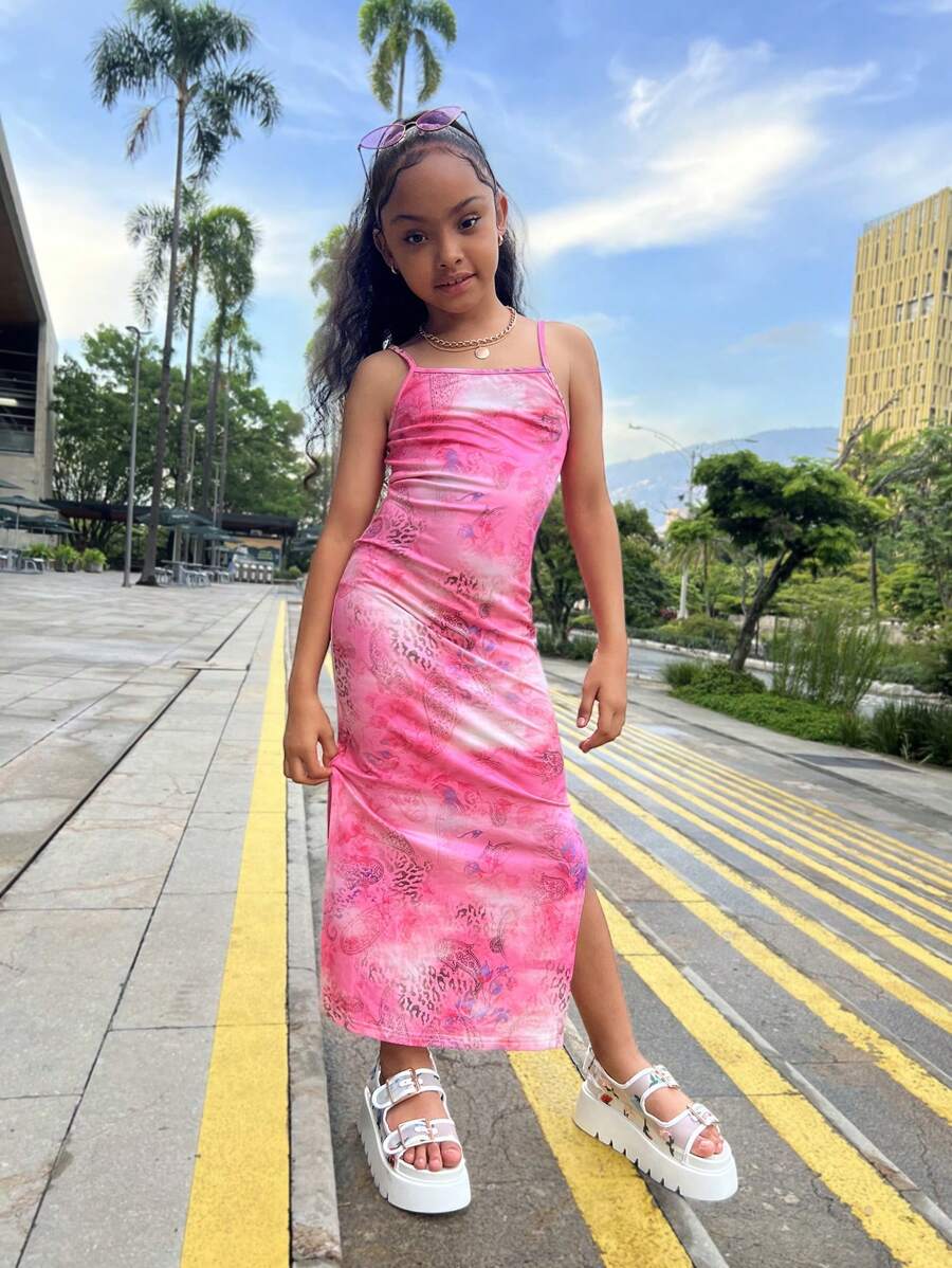 Tween-Mädchen Bedrucktes Lässig Kleid mit langen Trägern, bequem und vielseitig für den Alltag