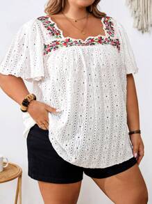 SHEIN CURVE+ 大码方领简约时尚上衣，适合夏季海滩穿着，女士/海滩/海滩度假/海滩必备/毕业典礼/下午茶派对/夏季/乡村 - 白色 - 查看 3