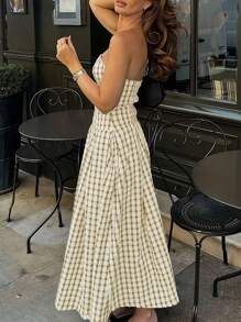 INAWLY Vestido estampado de cuadros sin tirantes para mujer - Caqui - Ver 2