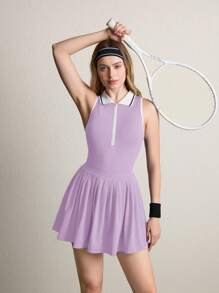 CourtClass Váy thể thao yoga không tay thường ngày cho nữ có khóa kéo xẻ phía trước và thiết kế hở lưng - Màu tím hoa cà - Xem 2