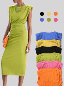 BizChic 2025 Green Round Neck Sleeveless Padded Shoulder Ruched Waist Women's Dress, Romantic, Elegant, Versatile, Business Casual, Office Wear, Suitable For Daily, Commuting, Vintage Style, Teacher Outfit