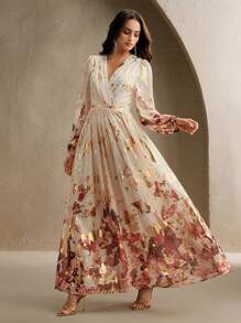 Anewsta Váy dài tay họa tiết lá kim thanh lịch dành cho nữ - Màu be - Xem 3