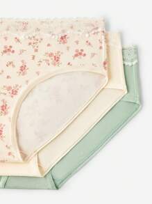 LUVLETTE 3条装柔软透气棉质基本款花卉印花蕾丝边中腰女士内裤 - 彩色 - 查看 7