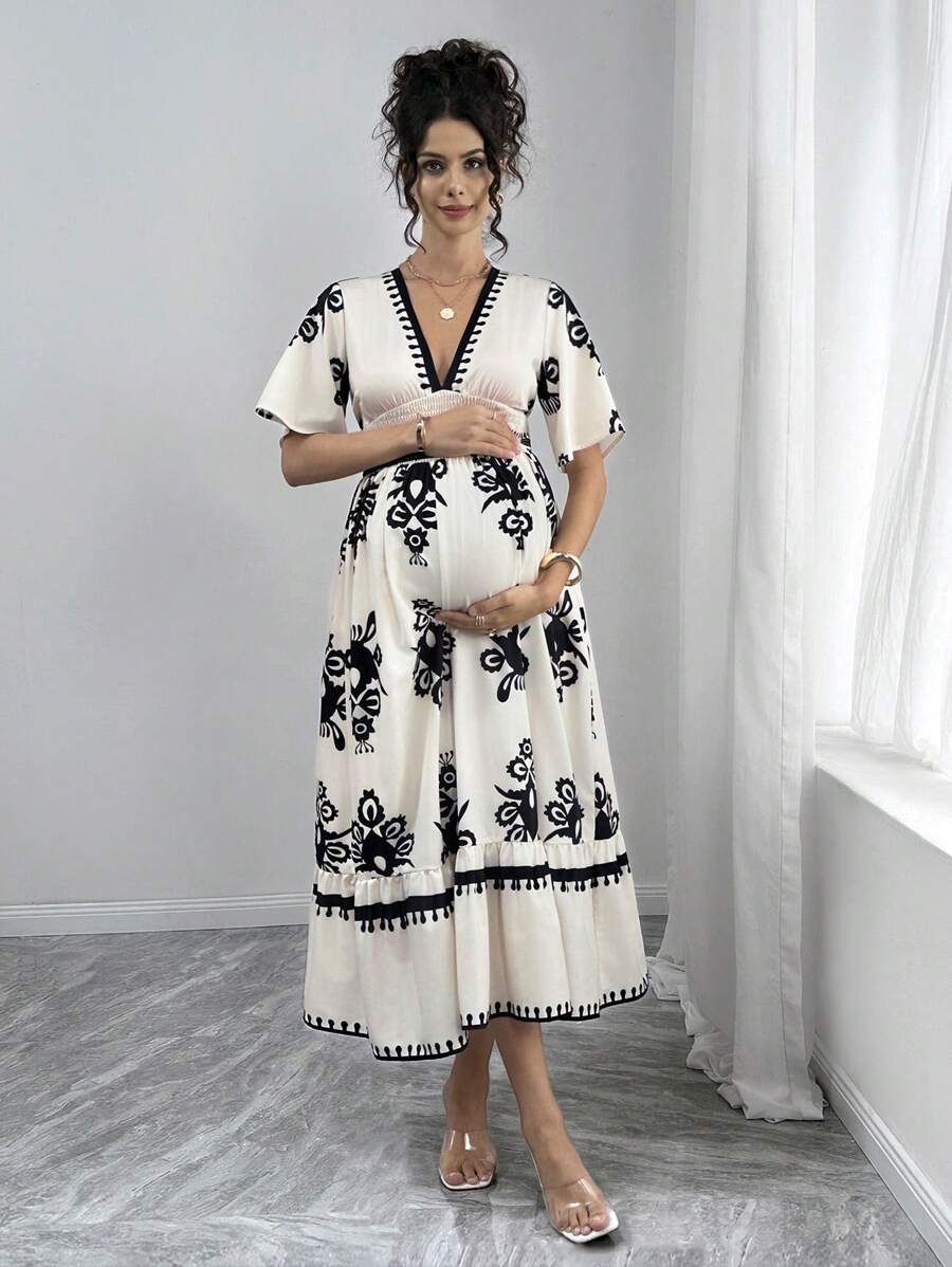 Momance 孕妇全身印花荷叶边下摆深V领短袖连衣裙 - 杏色 - 查看 1