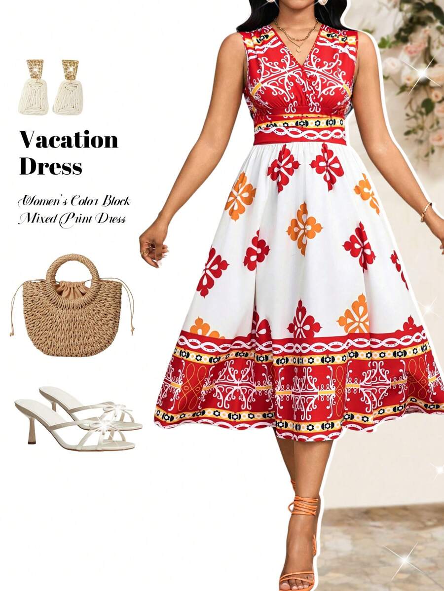 SHEIN Lady 女士度假休闲拼色混合印花无袖连衣裙 - 彩色 - 查看 1