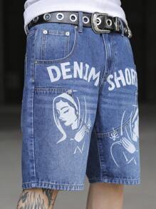Manfinity EMRG Men's Casual Washed Character & Letter Print Denim Shorts - Blue - View 6