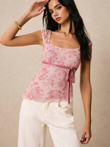 Poéselle 粉色上衣，不对称下摆 T 恤，网眼上衣，舒适透气，女式花卉印花方领系带 T 恤，适合日常穿着、外出、海滩、度假、约会