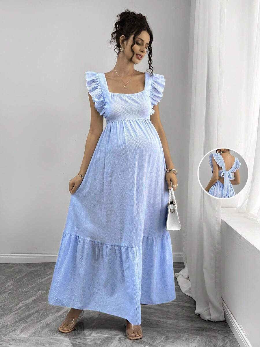 SHEIN 条纹长款方领荷叶边袖露背系腰休闲孕妇装 - 藍色 - 查看 1