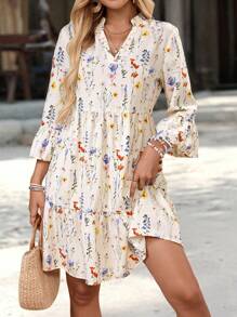 EMERY ROSE Váy mini tay loe cổ chữ V hở sâu họa tiết hoa dành cho nữ, trang phục đi nghỉ - trắng - Xem 6