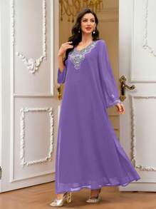 Al Najma Women's Elegant Long Sleeve Arabic Dress With Crystal And Faux Pearl Decor, Modest - Purple - View 3