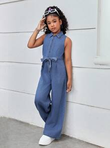 Macacão Denim Folgado com Laço Torcido na Cintura e Gola Alta para Meninas Pré-Adolescentes, Primavera Verão, Shorts Boho de Praia de Verão para Meninas, Looks Casuais de Verão para Festivais e Concertos, Looks de Verão para Brunch, Igreja e Formatura para Meninas, Looks Streetwear de Volta às Aulas