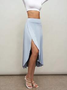 Activina Women Light Blue Casual Minimalist Solid Color Split Hem Dance Sportive Longuette Ballet Skirt - Blue - View 5