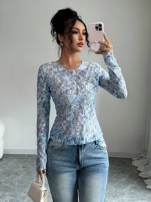 Elenzga Women Elegant Fashion Lace Print Casual Long Sleeve Crew Neck T-Shirt