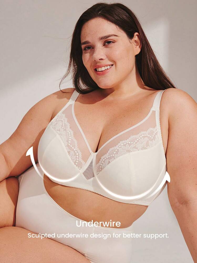 Plus Full Coverage Unlined Mesh & Lace Bra
