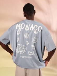 SUMWON 经典摩纳哥图案印花宽松版型 T 恤夏季休闲街头运动休闲宽松剪裁短袖 T 恤海滩俱乐部度假日常必备系列 - 霧霾藍 - 查看 3