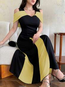 Modelyn Robe de fête/soirée élégante pour femme en tricot à épaules dénudées, taille marquée