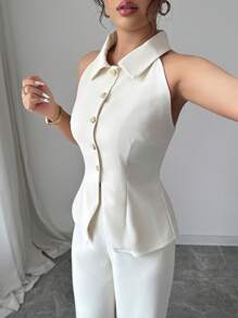 Modelyn 2pcs/Set Women Designed Collared Blouse And Slim Fit Pants, Elegant And Slimming - Apricot - View 6