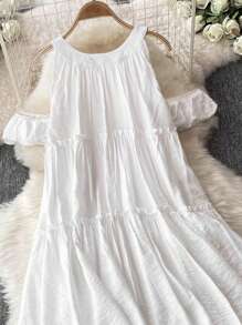 INAWLY 女式露肩荷叶边多层短款连衣裙，休闲度假风格，夏季 - 白色 - 查看 4