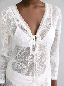 Maija Vestido flojo de escote en V color beige de estilo bohemio y romántico para mujer, vestido largo de manga larga cómodo y ajustado con detalles de encaje, lazo, y bordados, adecuado para primavera/verano - Blanco - Ver 5