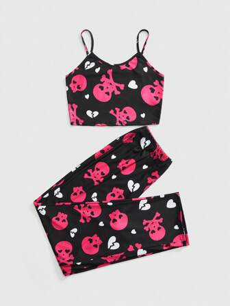 Goth Ensemble de pyjama avec camisole à imprimé cœur de squelette gothique et pantalon ample