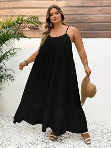 SHEIN CURVE+ Solid Color Plus Size Tank Top Swing Dress,Long Vacation Dress, Wedding Anniversary, White Dress, Long White Dress Boho Vacation Beach Outfits For Woman/Beach Dress/Beach Vacation Outfits/Beach Essentials / Graduation/Tea Party Dress,Sundress,Summer Dresses For Women