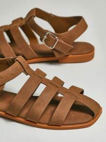 SHUZIA 女式宽版时尚休闲舒适平底凉鞋 - 米色 - 查看 4