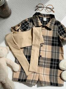 SHEIN 2 件套新生儿男女通用卡其色格子短袖连体衣和披肩套装，舒适休闲百搭服装，适合室内、户外、日常、运动、玩耍、派对、拍照、度假、春夏季 - 卡其色 - 查看 5