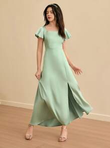 SHEIN Teen Girl Elegant Simple Square Neck Short Sleeve High Waist Slim Fit Long Dress With Slit, Satin Shiny Fabric, Green Color, High-End Teenage Girl Graduation/Wedding Flower Girl Dress