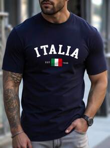 Manfinity Homme Camiseta de manga corta casual y elegante para aficionados al fútbol de talla grande para hombre, modelo nuevo del verano 2025 - Azul Marino - Ver 1