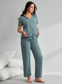 纯色罗纹 V 领短袖上衣和长裤孕妇休闲套装