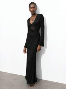 Maija 镂空钩针针织连衣裙，优雅性感，适合度假，适合日常休闲、派对、婚礼宾客，波西米亚风格，适合夏秋季女士 - 黑色 - 查看 3