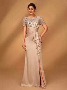 Serin Elegant, Luxurious Beaded & Sequin Embellished Satin Ruffle Hem High Slit Fishtail Skirt, Suitable For Weddings, Parties, Vacations, Galas, Bridal Mother Of The Bride Dress - Champagne - View 5