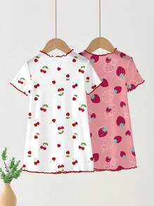 SHEIN 2pcs/Set Baby Girls Strawberry & Cherry Cute Simple Style Dress Home Dress, Summer - Multicolor - View 2