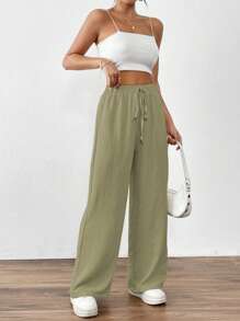 SHEIN PETITE Quần dài đơn giản màu trơn cho nữ - Màu xanh Ô liu - Xem 4