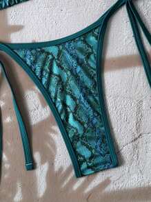 Swim Vcay Set de bikini de 2 piezas con top de bralette de halter y Bottom de tanga con lazos laterales, estampado floral aleatorio y textura - Traje de baño sexy