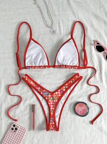 Swim Mod Springbreak Women Gingham & Ditsy Floral Random Print Spaghetti Strap High Cut Shorts Sexy Bikini Sets, Summer Beachwear For Young Ladies