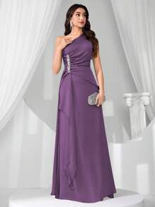 Coutiva Nuevo vestido elegante de moda ajustado de cuello asimétrico sin mangas, vestido formal, de fiesta, de gala, para eventos, invitada de boda - Morado - Ver 7