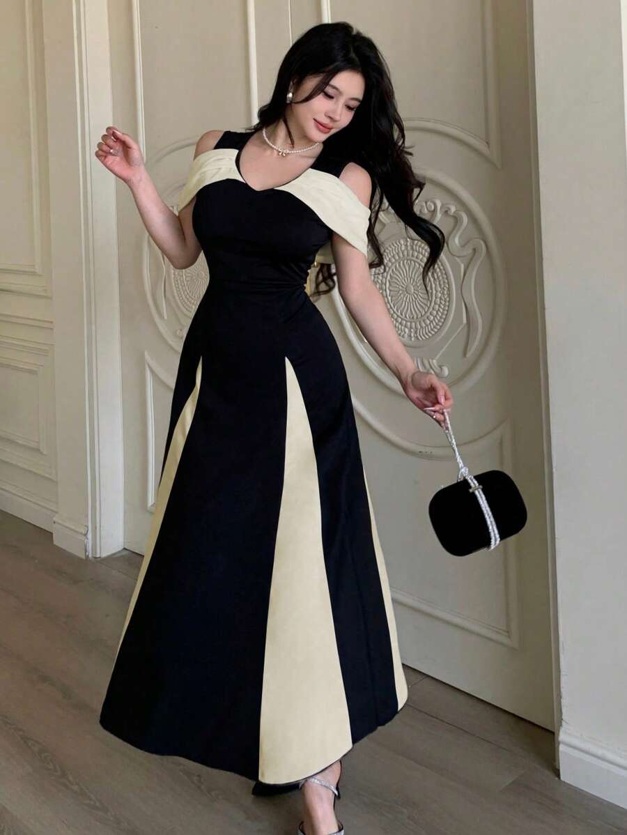 Modelyn 女式针织黑白撞色露肩束腰优雅派对连衣裙 - 杏色 - 查看 1