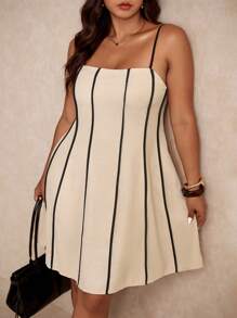 Elaquor 大码拼色装饰吊带裙 - 杏色 - 查看 6