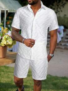 Manfinity RSRT Men's Solid Color Textured Short Sleeve Shirt & Shorts 2 Pieces Vacation Casual Set - Multicolor - View 1