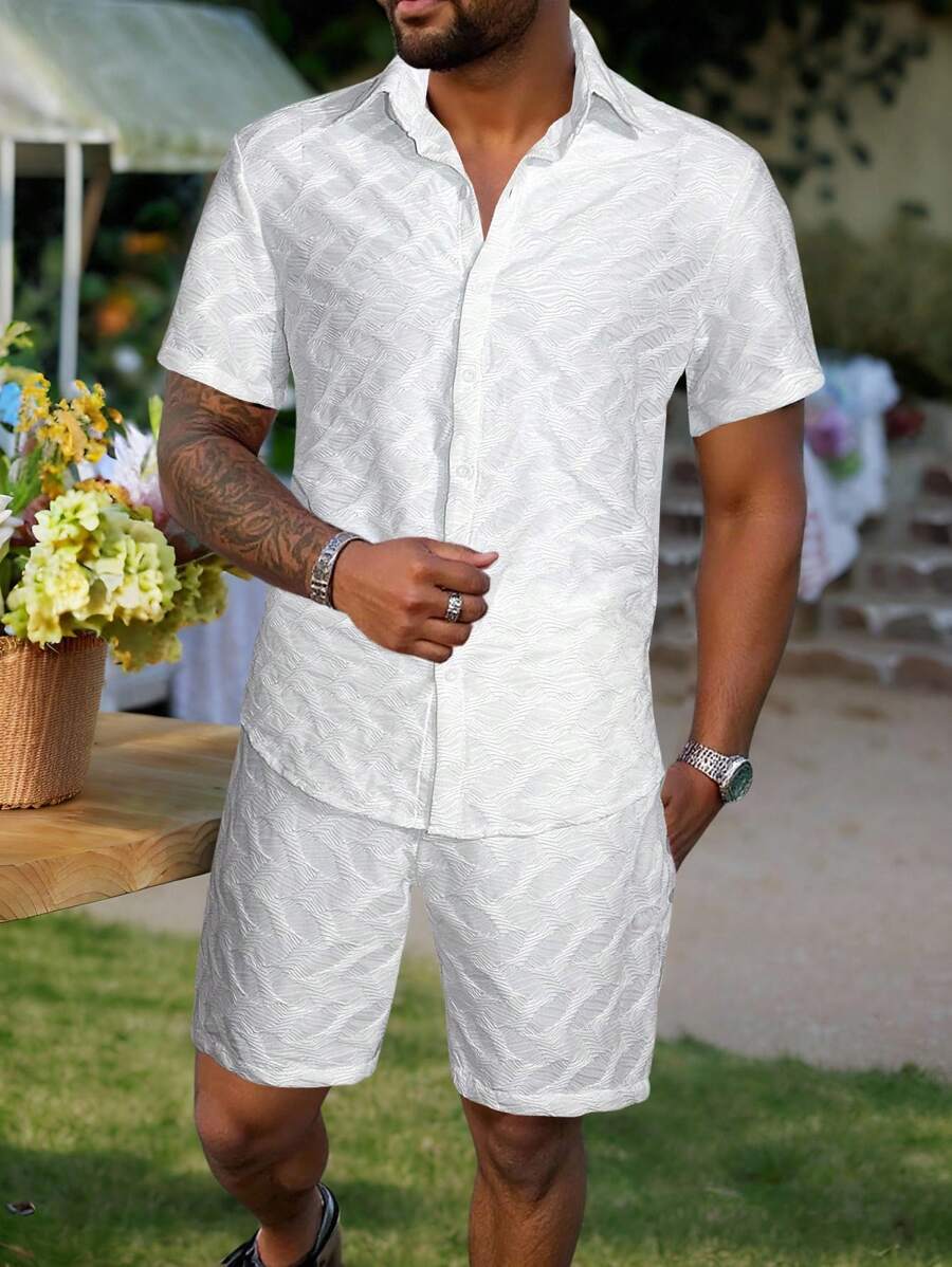 Manfinity RSRT Men's Solid Color Textured Short Sleeve Shirt & Shorts 2 Pieces Vacation Casual Set - Multicolor - View 1