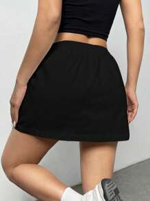 SHEIN EZwear 大码夏季休闲纯色A字裙 - 黑色 - 查看 2