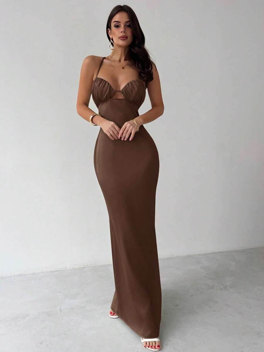 Firerie New Elegant Romantic Green Satin Maxi Dress With Spaghetti Straps And Open Back, Suitable For Valentine's Day, Wedding Season, St. Patrick's Day, Spring/Summer,Boho Clothes Women - Chocolate Brown - View 1