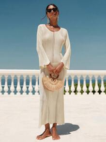 Swim Chiccia New Solid Color Women's Spring/Summer Crochet Mesh Hollow Out Design Dress Beach Cover Up Dress, Resort Style