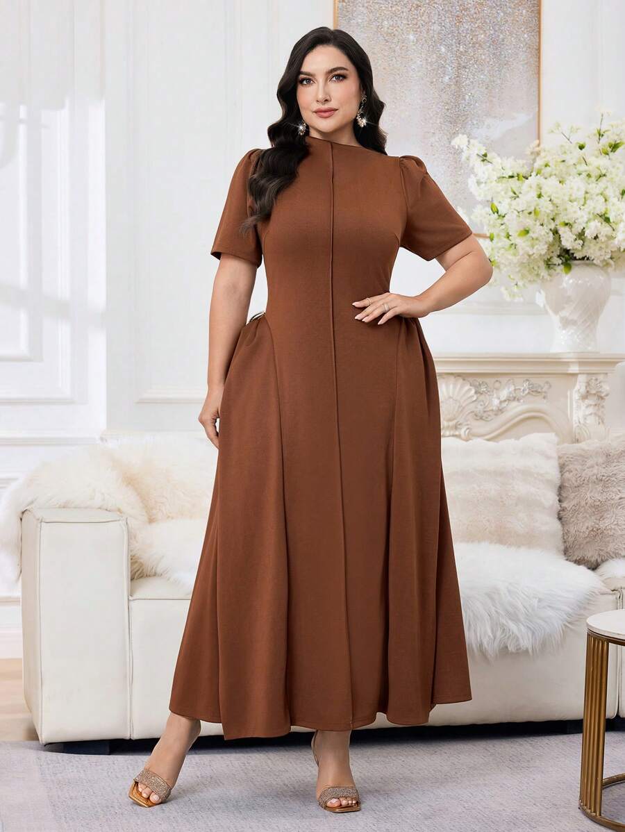 Modelyn فستان أنيق باللون الأحادي مناسب للمقاسات الكبيرة منسدل في الخصر لفصل الصيف - بني - مشاهدة 1