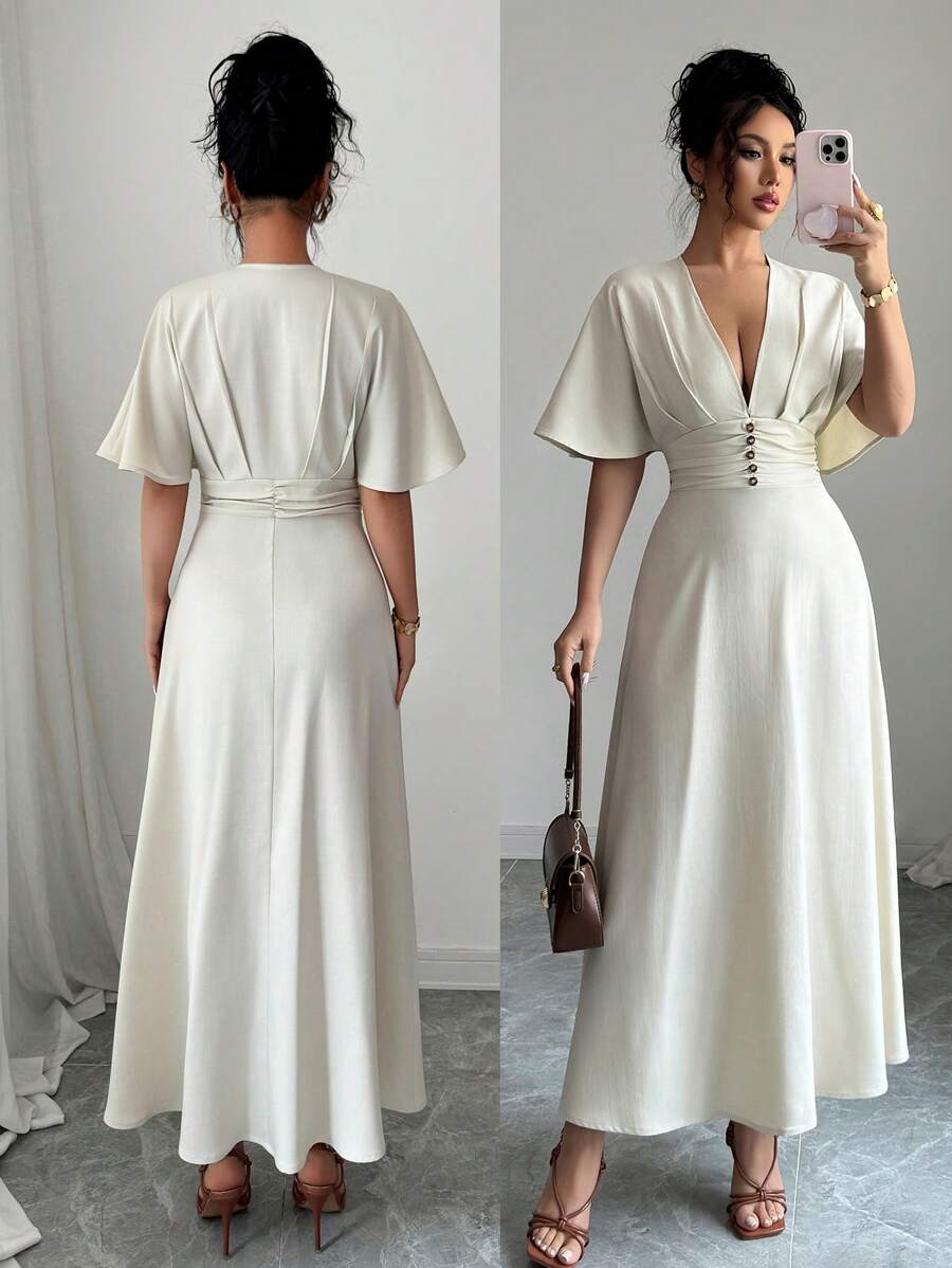 Chiquease 法式优雅高腰喇叭袖深 V 领褶皱束腰杏色女式连衣裙 - 杏色 - 查看 1